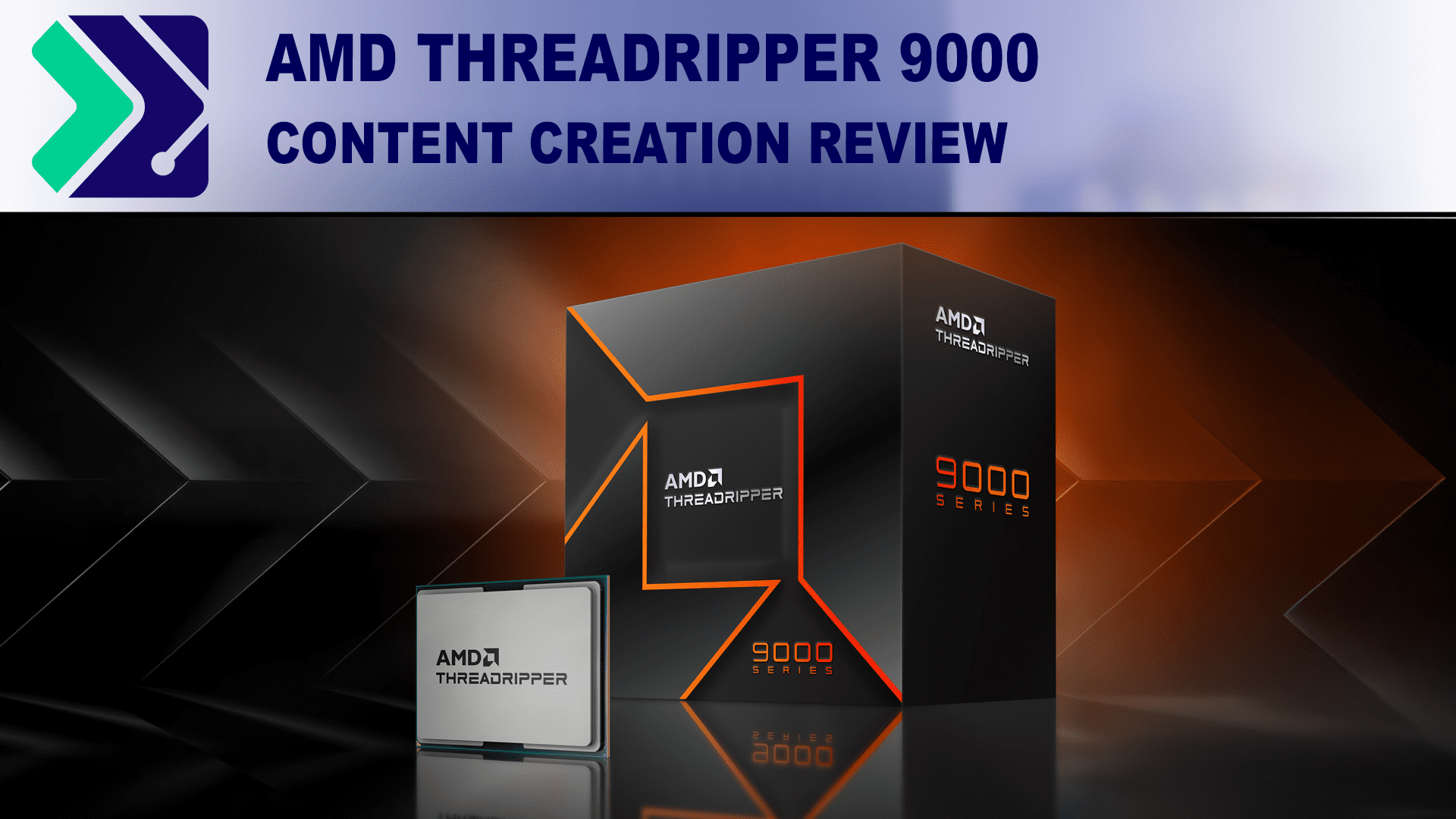 A Threadripper Processor standing upright next to a Threadripper 9000 series box, both on an orange field. Above them is the Puget systems logo and the article title.