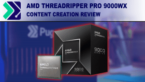 An AMD Threadripper PRO Processor and Box on a blue field, with the Puget systems logo and the article title above.