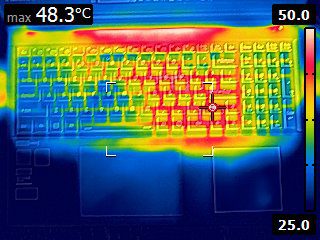 A FLIR image of the keyboard surface of the laptop. The lower third of the image is a dark blue (25 degrees C), and the keyboard area is light blue (31 degrees C). There is a red area on the top edge, radiating from the center of that edge about halfway across the edge. There is also a red spot (41 degrees C) in the are between the "J" key and the enter key that extends all the way from the top to bottom of the physical keyboard area. There is an indicator which states that the highest temperature is 48.3 degrees celcius.