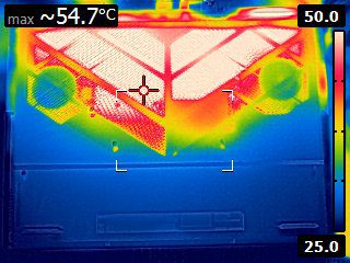 FLIR image of the bottom of the laptop. There is a triangular vented area with a base on the screen-side edge and a tip ending about two-thrids the way down the laptop. This entire triangle area is a birght red to white, representing greater than or equal to 50 degrees on the calibrated scale. There is an indicator stating that the highest recorded temperature is 54.7 degrees celcius.