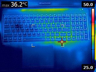 A FLIR image of the keyboard surface of the laptop. The lower third of the image is a dark blue (25 degrees C), and the keyboard area is light blue (31 degrees C). There is a green area on the top edge, radiating from the center of that edge about halfway across the edge. There is also a green spot in the are between the "J" key and the enter key that extends all the way from the top to bottom of the physical keyboard area. There is an indicator which states that the highest temperature is 36.2 degrees celcius.