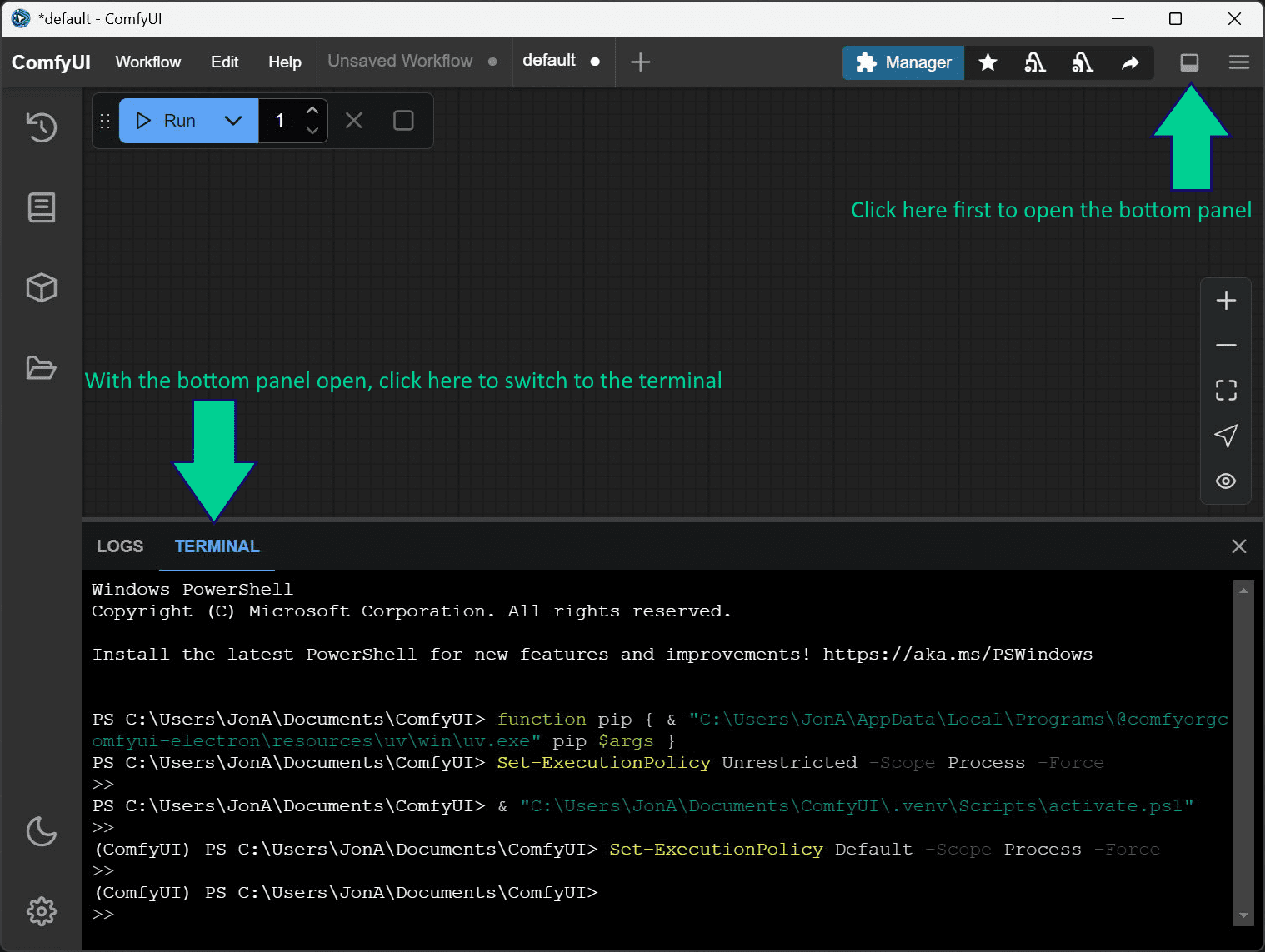 Describes how to open terminal via GUI in ComfyUI.