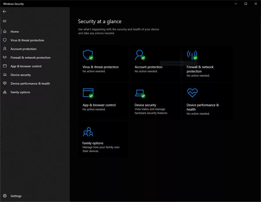 Windows Defender main screen