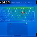 FLIR image of the top of the laptop. Most of the laptop is a light blue (31 C), though there is a small green area stretching across the top of the keyboard. An indicator states that the highest temperature recorded is 34.5 degrees celcius.