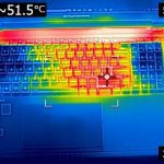 A FLIR image of the keyboard surface of the laptop. The lower third of the image is a dark blue (25 degrees C), and the keyboard area is light blue (31 degrees C). There is a red area on the top edge, radiating from the center of that edge about halfway across the edge. There is also a red spot (41 degrees C) in the are between the "G" key and the enter key that extends all the way from the top to bottom of the physical keyboard area. There is an indicator which states that the highest temperature is 51.5 degrees celcius.