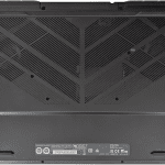 A pciture of the bottom of the Puget Mobile 16". There are 4 screw holes along the edge of the top and bottom, two located 30% up the image about 1" in from the sides, and 4 more roughyl concentric around the center of the laptop.