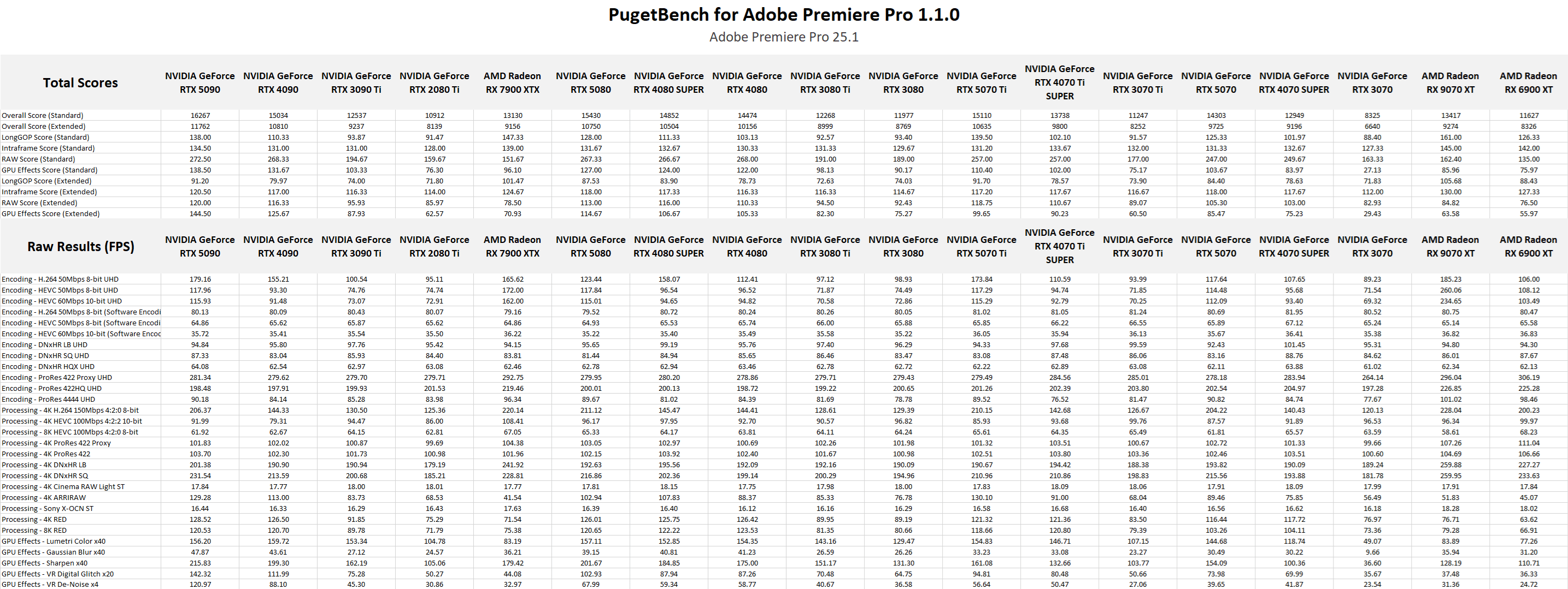 Table of raw results in Premiere Pro.
