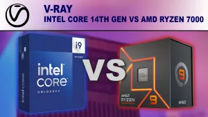 Decorative Image: Intel Core i9-14900K box and AMD Ryzen 9 7950X box on a background that blends from blue to red with the words "VS" between them and the title "V-Ray" above them.
