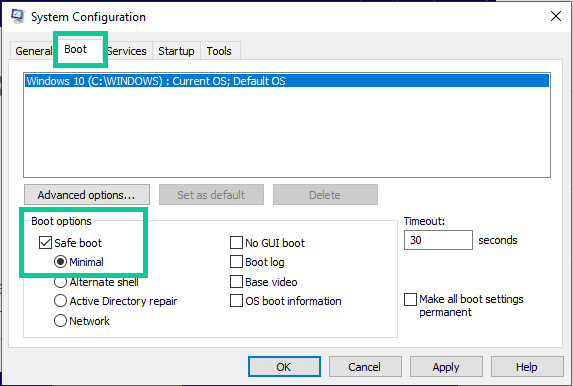 msconfig window boot page