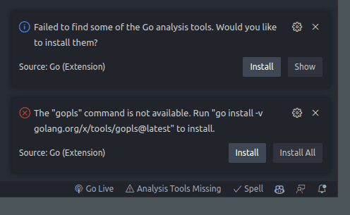 Go vscode extension missing tools install prompt image