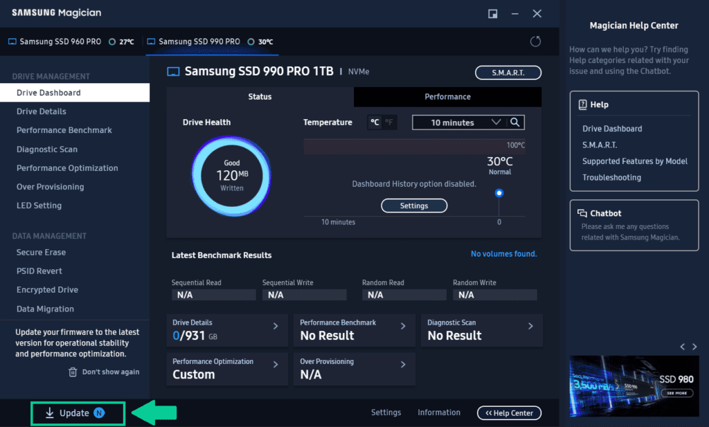 Screenshot of Samsung Magician software showing how to navigate to firmware update options