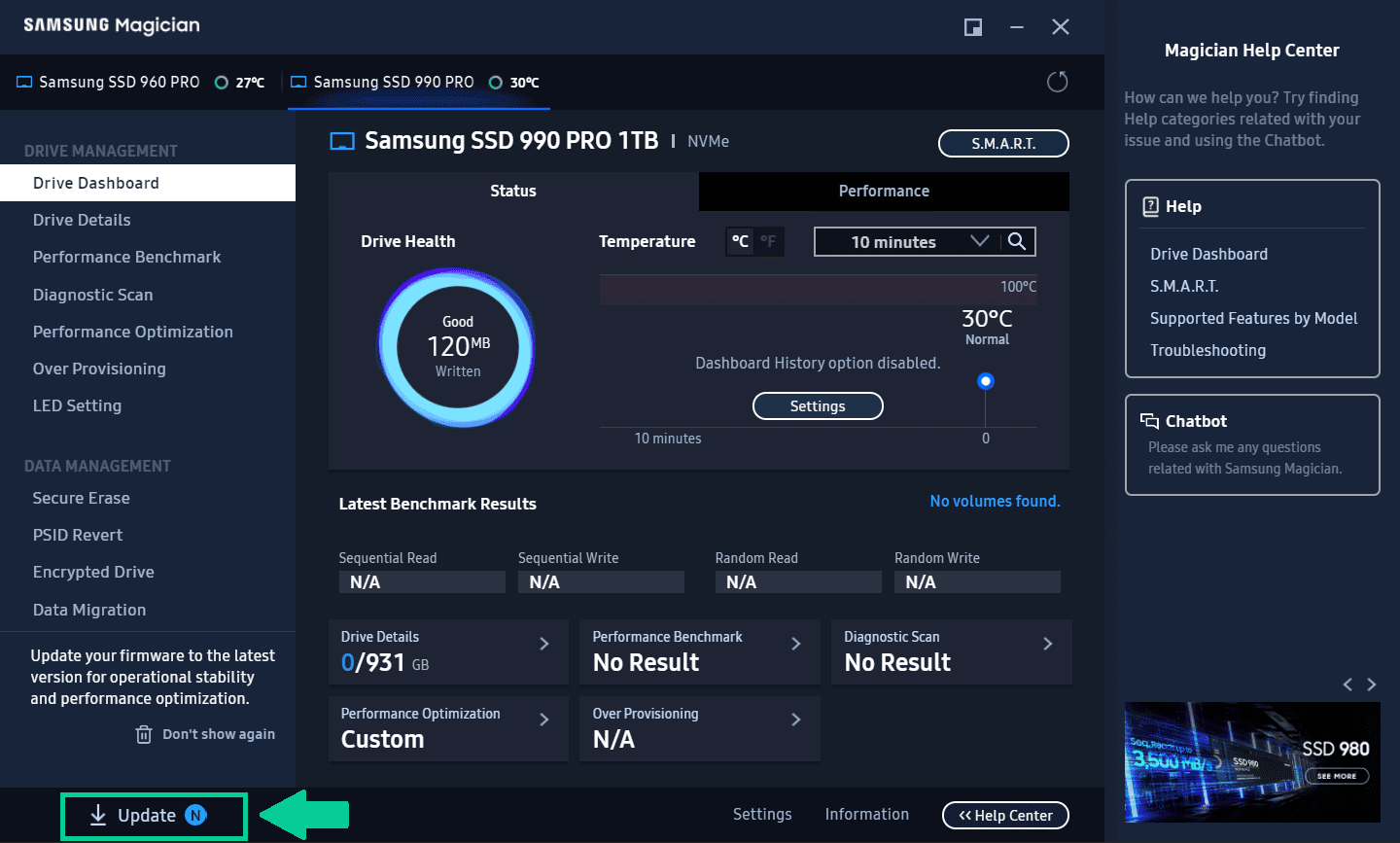 Screenshot of Samsung Magician software showing how to navigate to firmware update options