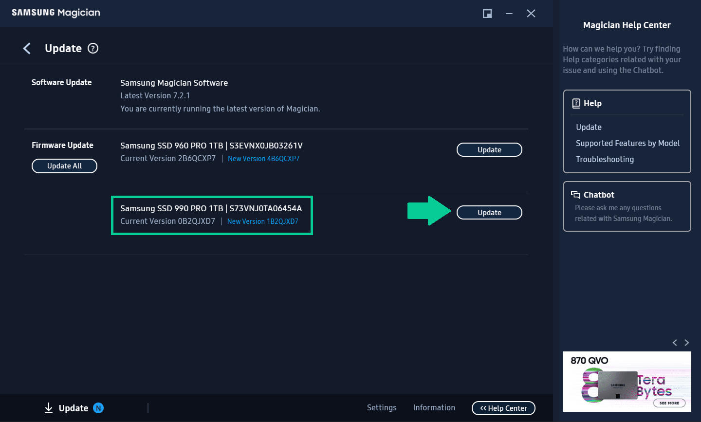 Screenshot of Samsung Magician software showing firmware update options