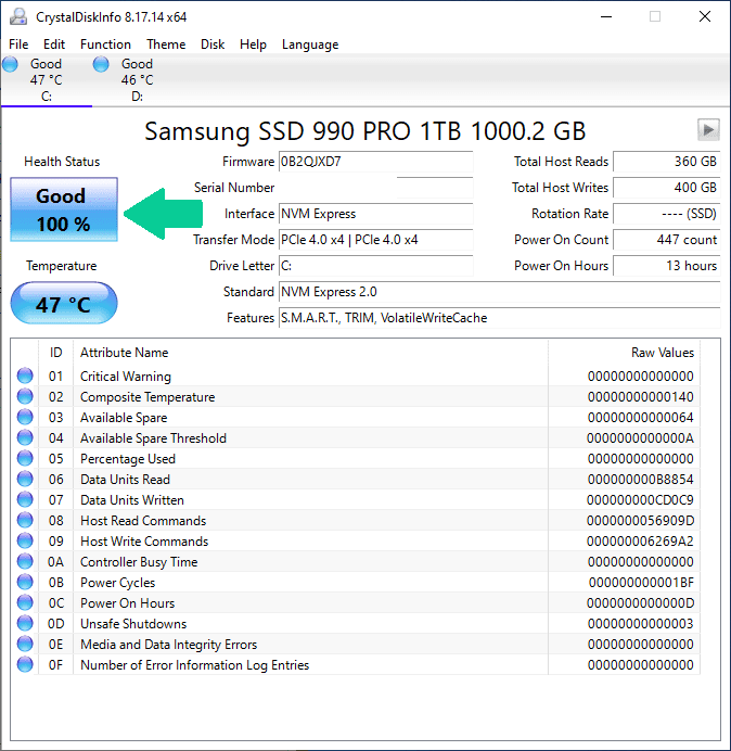 Screenshot of CrystalDiskInfo showing where to check drive health