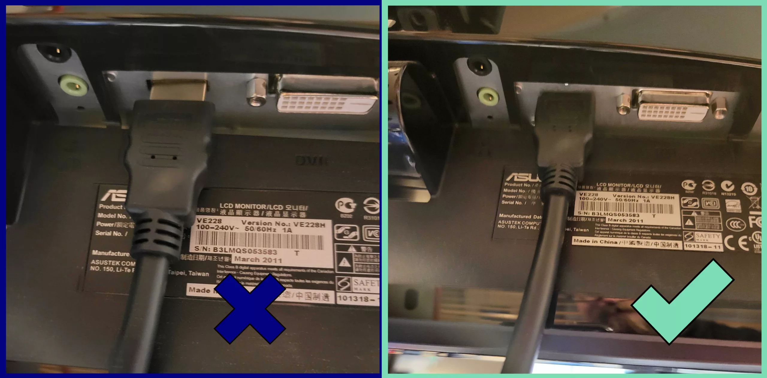 Display cable plugged into monitor correctly and incorrectly