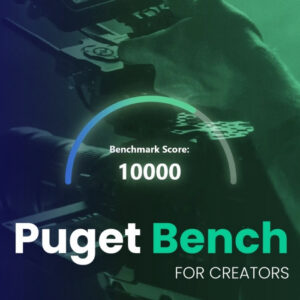 Puget Bench for Creators Logo and Benchmark Score Graphic Overlaid on Camera in Background