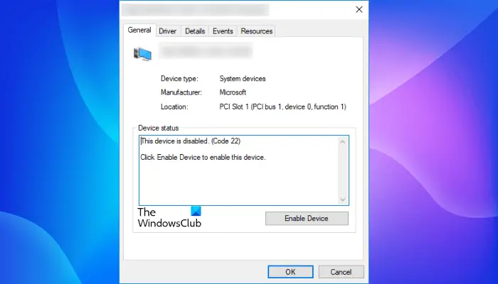 disabled device error message on a Windows 11 computer