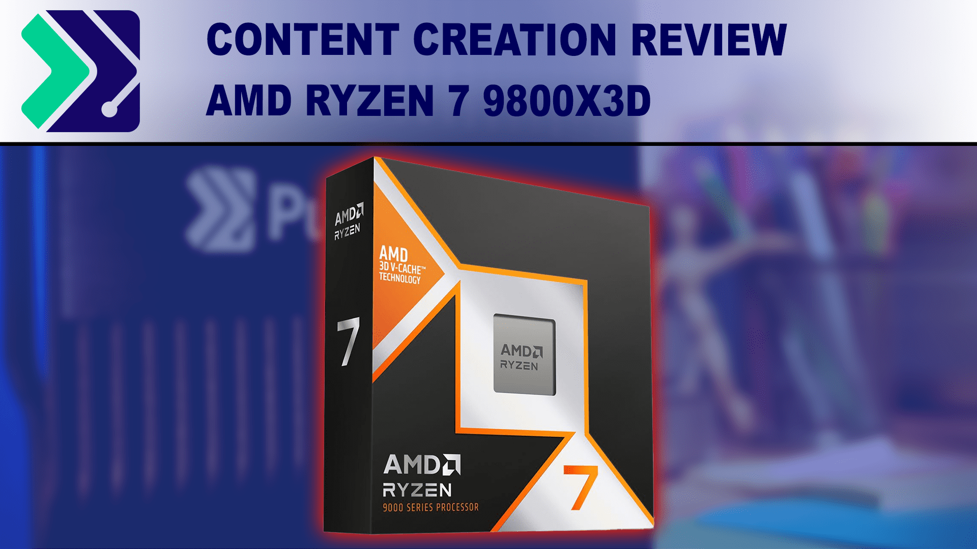 A retail Ryzen 9800X3D box on a blue background below the article title and Puget Systems logo.