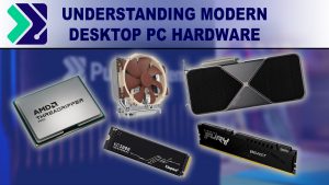 Featured article image of different PC hardware components including CPU, Air cooler, hard drive, RAM, and GPU.