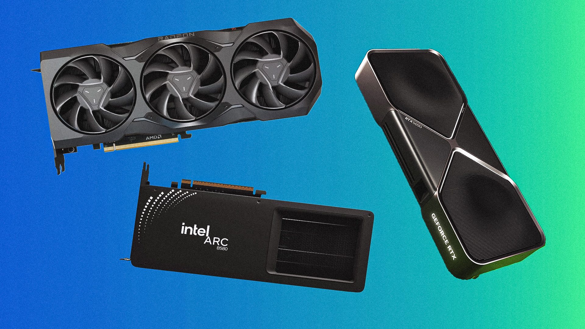 banner image of GPU products including AMD Radeon RX 7900 XTX, Intel Arc B580, and NVIDIA GeForce RTX 5090