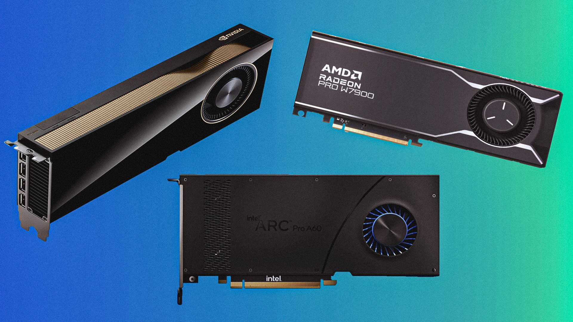 Banner image of GPU products including AMD Radeon PRO W7900 XTX, Intel Arc Pro A60, and NVIDIA RTX 6000 Ada