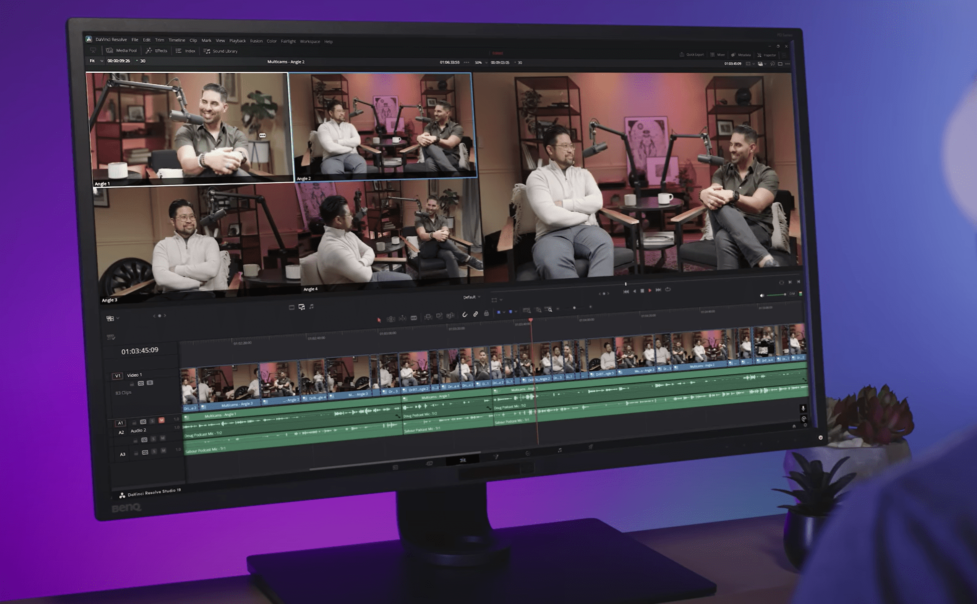 A multi-cam timeline in DaVinci Resolve showcasing some of the new features from the GeForce RTX 50-series GPUs