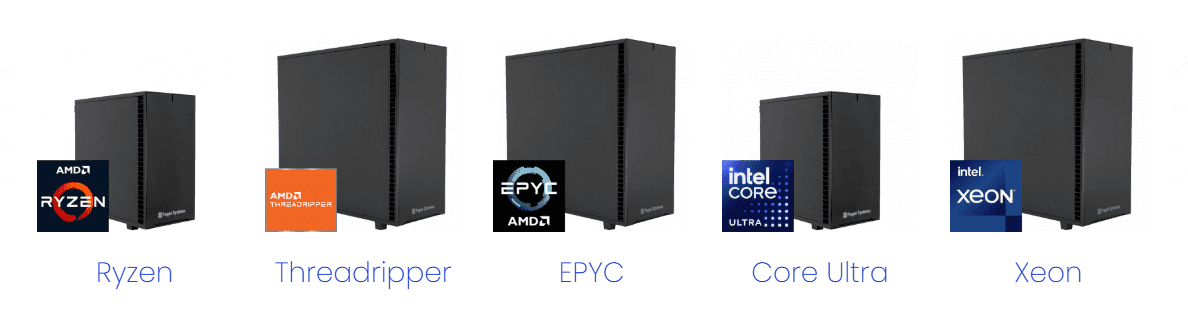 a row of desktop workstations and badges of CPU product lines, including AMD Ryzen, AMD Threadripper, AMD EPYC, Intel Core Ultra, and Intel Xeon.