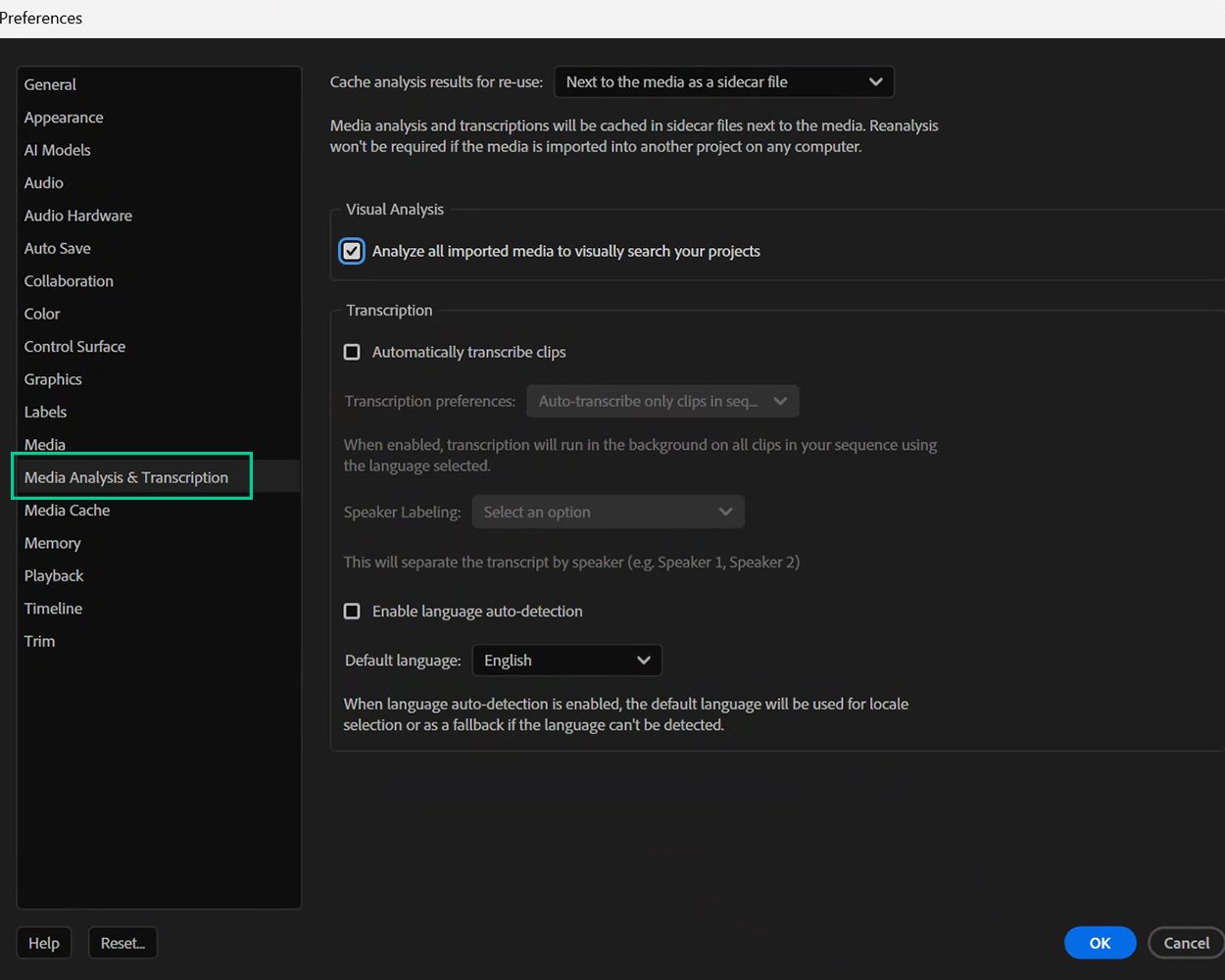 Preferences page in Premiere Pro showing the Media Analysis & Transcription folder