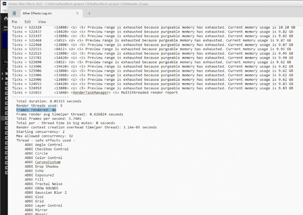 Log File of After Effects Version 25.1 with 2GB of RAM used