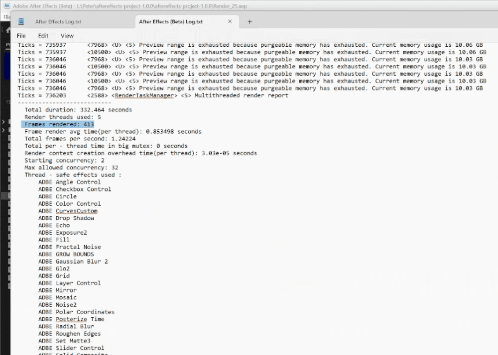 Log File in After Effects Beta Version 25.2 with 2GB of RAM used