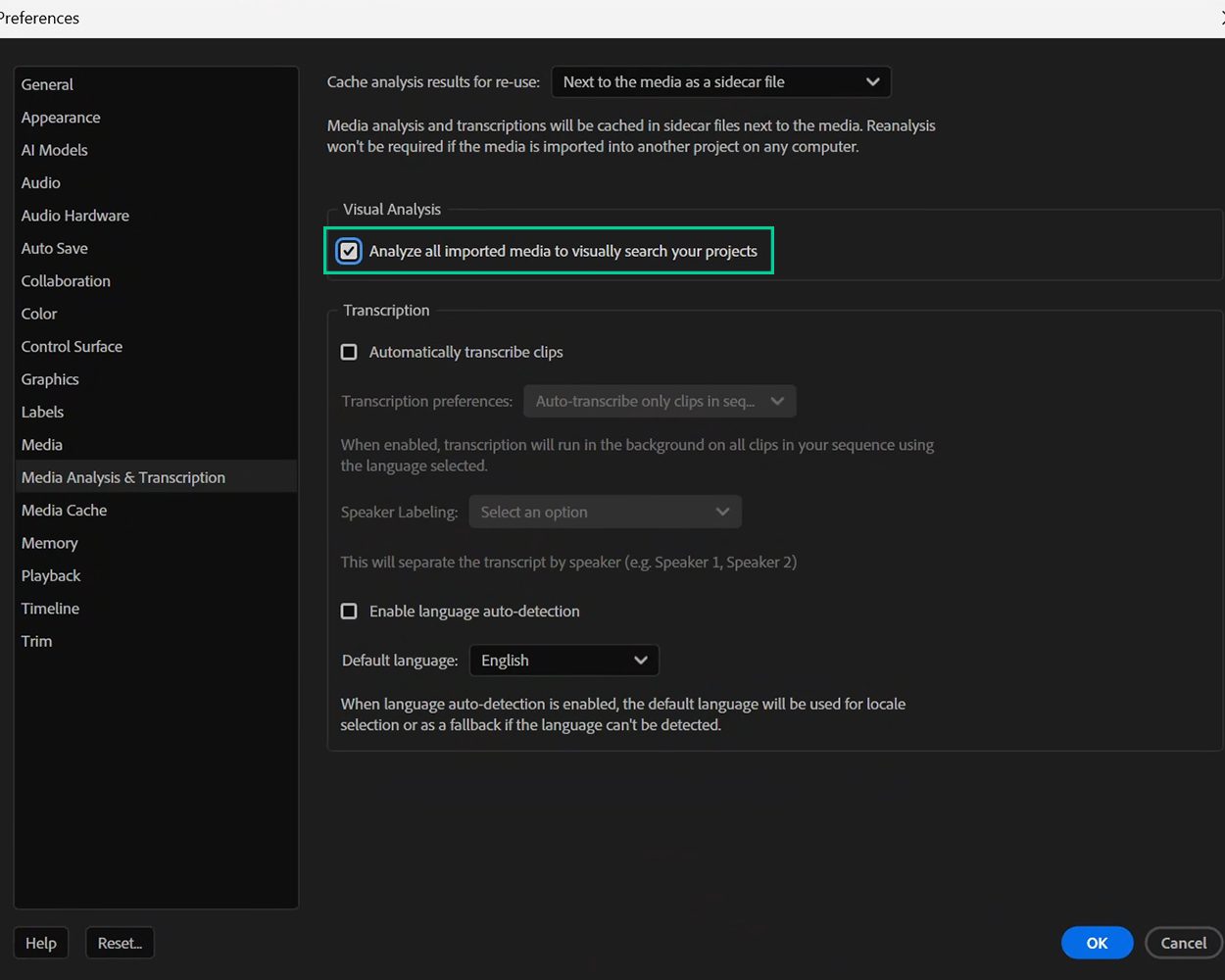 Preferences page in Premiere Pro showing the Visual Analysis button to turn on Media Intelligence analysis