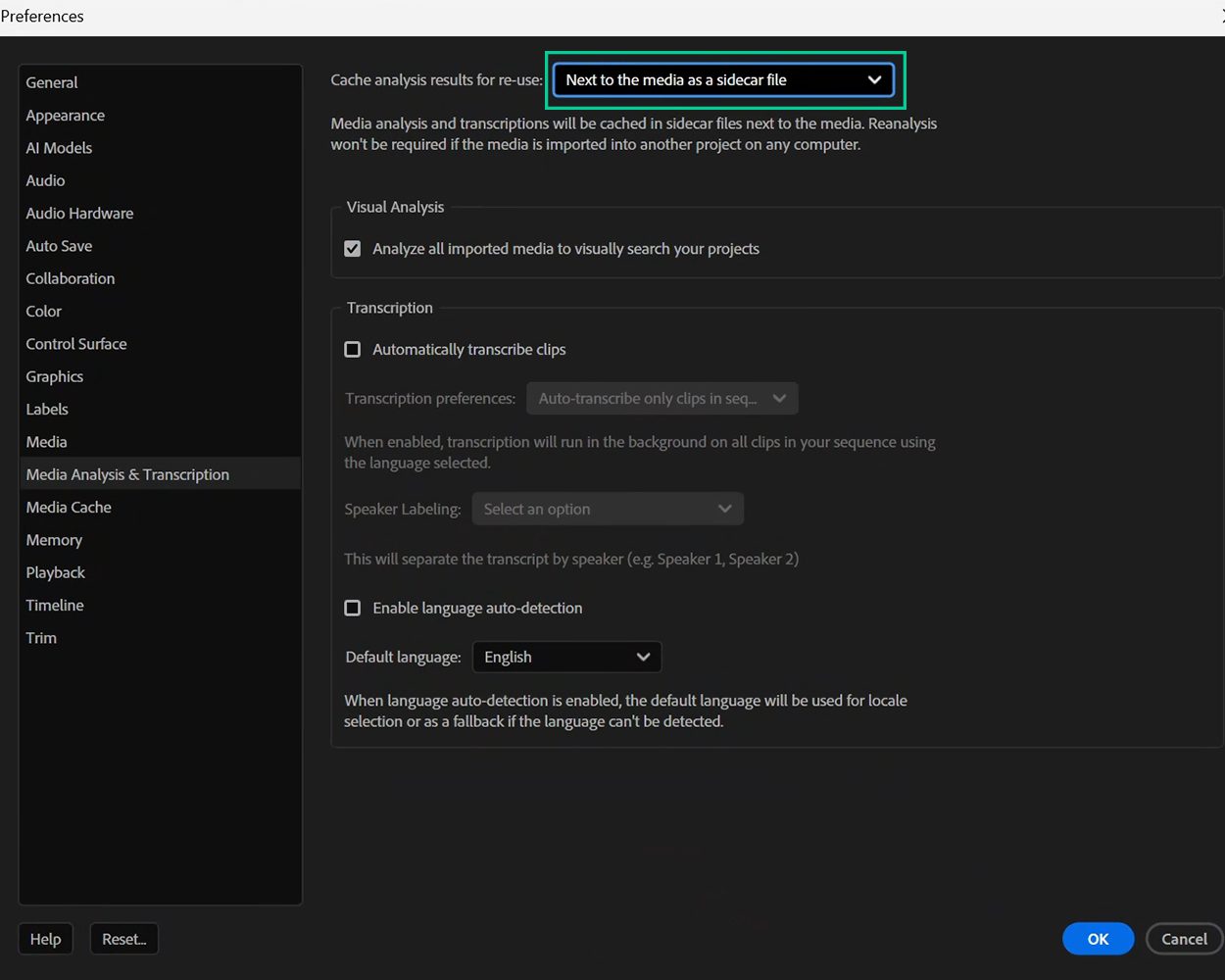 Preferences page in Premiere Pro showing option 1 for how to store cache produced from Media Intelligence Analysis