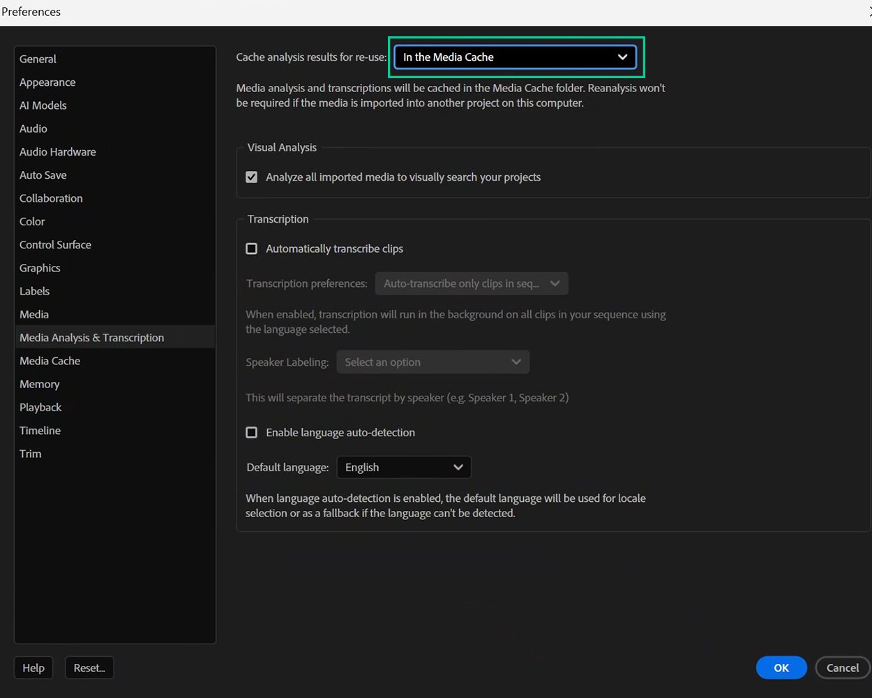 Preferences page in Premiere Pro showing option 2 for how to store cache produced from Media Intelligence Analysis