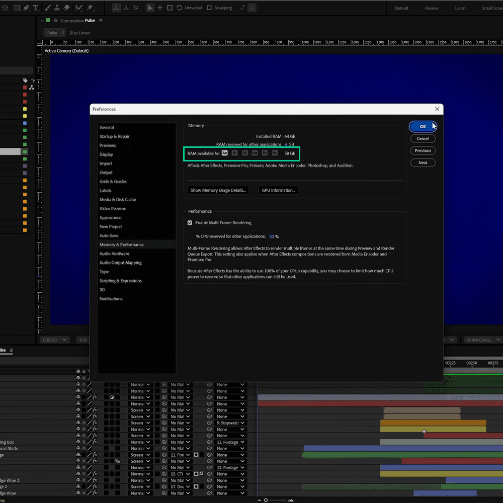 58GB of RAM available to use in After Effects