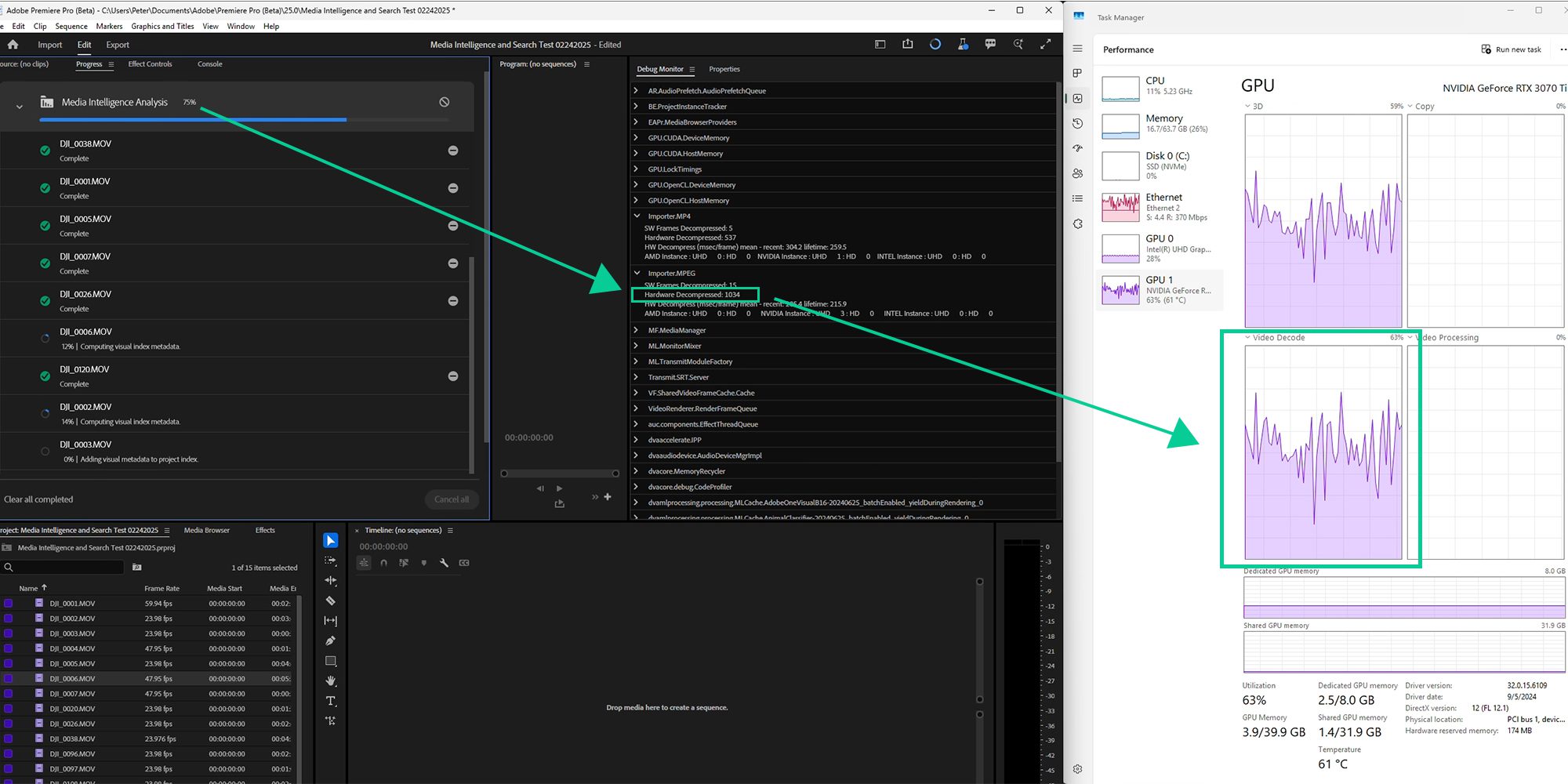 Screenshot of Media Intelligence Performance alongside Debug Monitor and Task Manager with LongGOP Footage