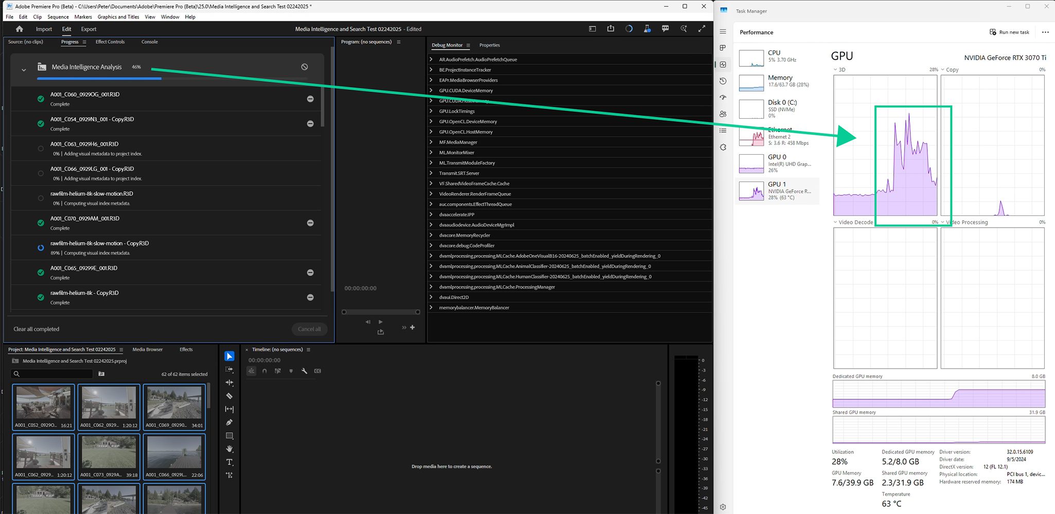 Screenshot of Media Intelligence Performance alongside Debug Monitor and Task Manager with RED RAW Footage