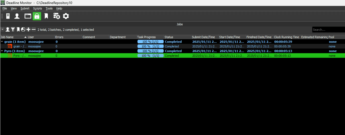 Screenshot of Deadline Monitor showing completed parallel simulation runs in Houdini