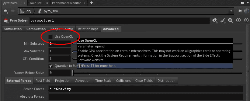 Screenshot Showing Where to Enable OpenCL Acceleration for Pyro Simulations in Houdini