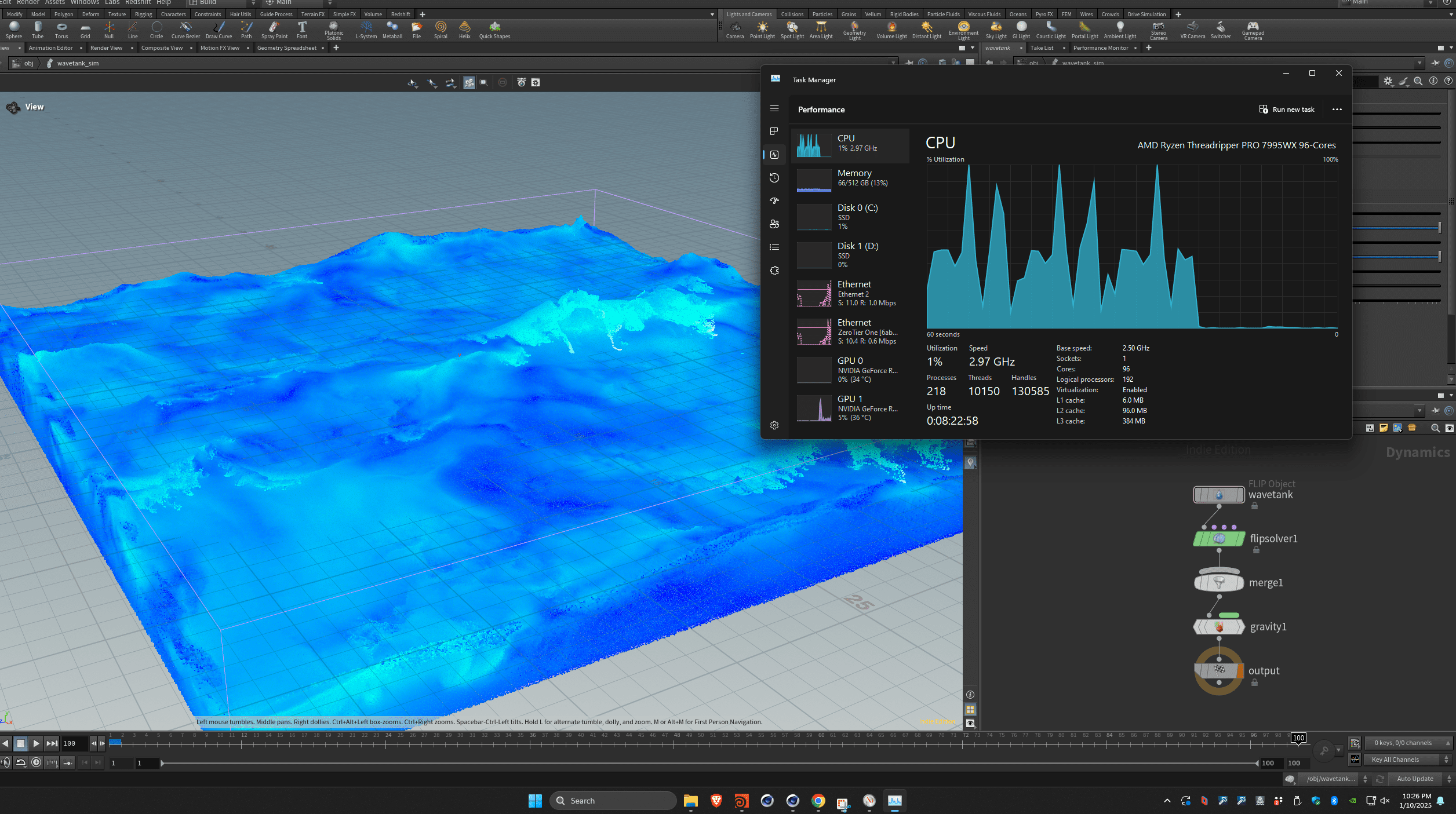 Screenshot of Houdini Flip benchmark running on Puget Systems workstation