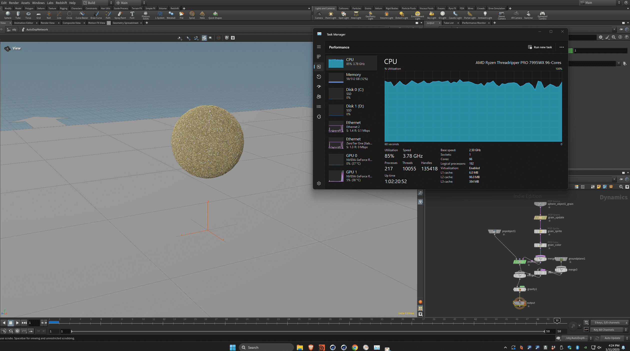 Screenshot of Houdini Grain benchmark running on Puget Systems workstation