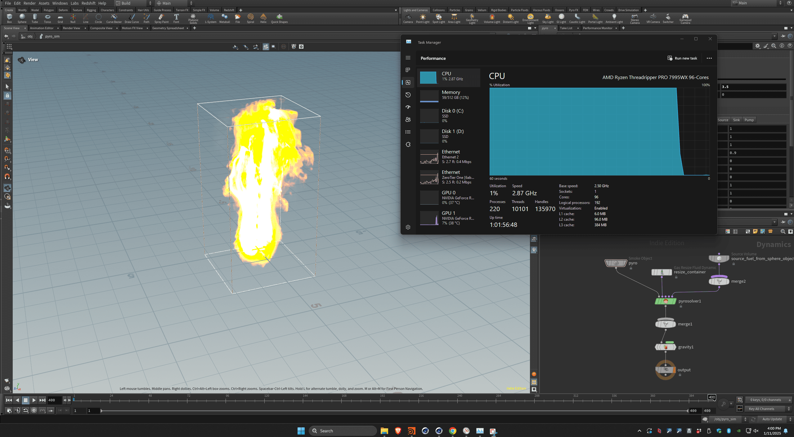 Screenshot of Houdini Pyro benchmark running on Puget Systems workstation