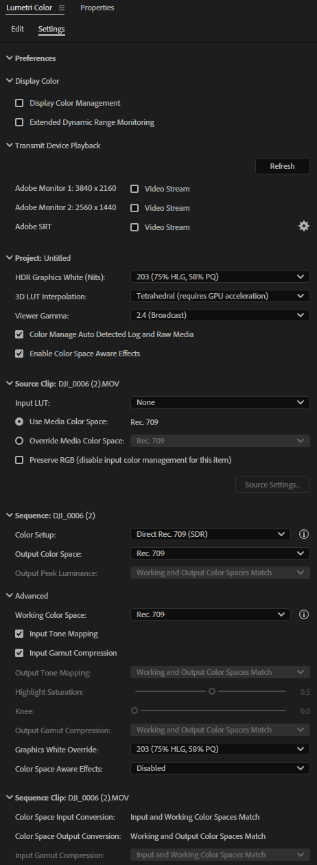 UI for Lumetri Color Management in Premiere Pro version 25.2