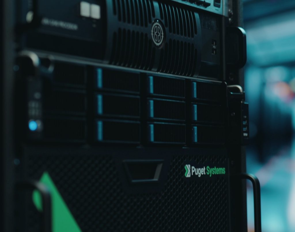 Puget Systems computers in a datacenter server rack