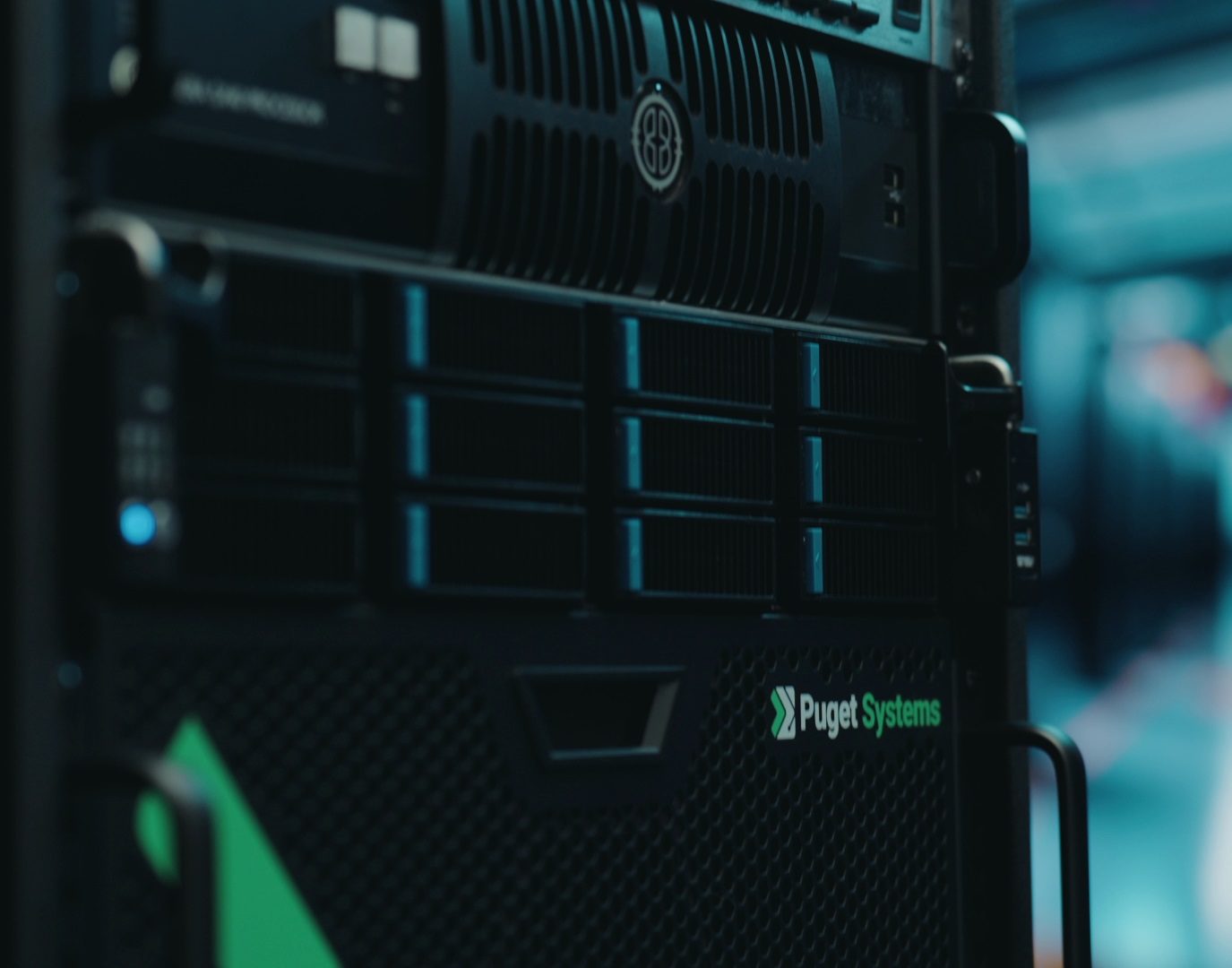 Puget Systems computers in a datacenter server rack