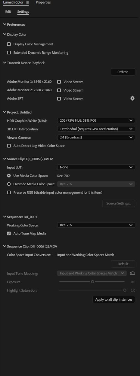 UI for Lumetri Color Management in Premiere Pro version 25.1