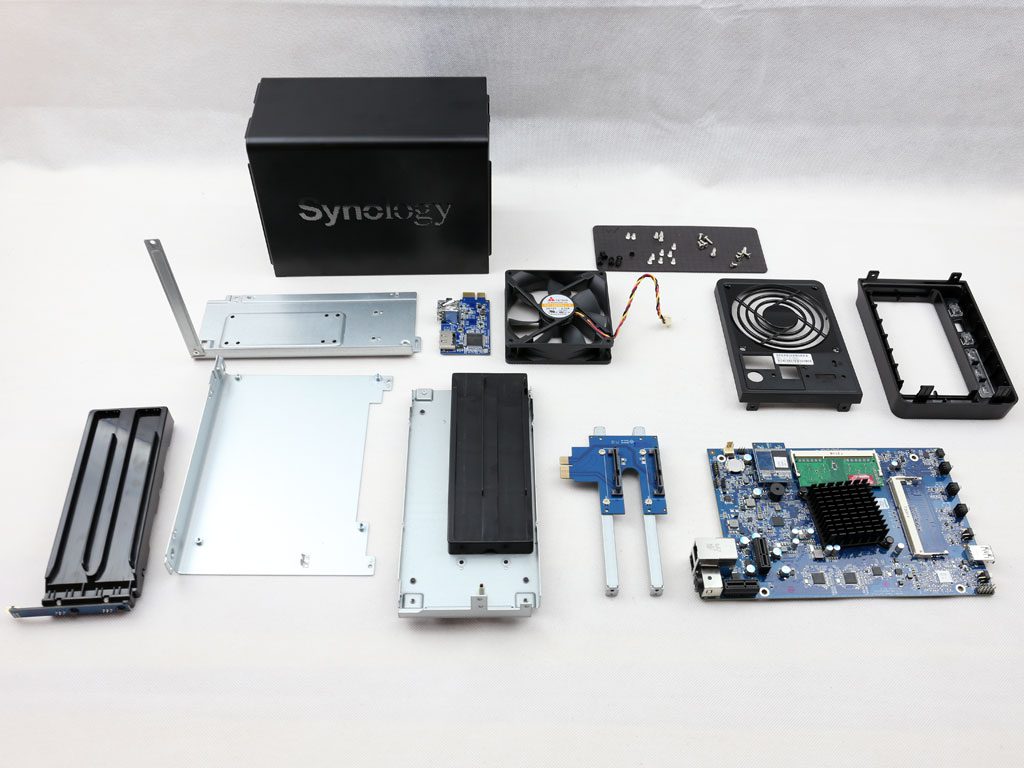Teardown showing the internal components of a Synology DS718+ NAS, courtesy of TechPowerUp