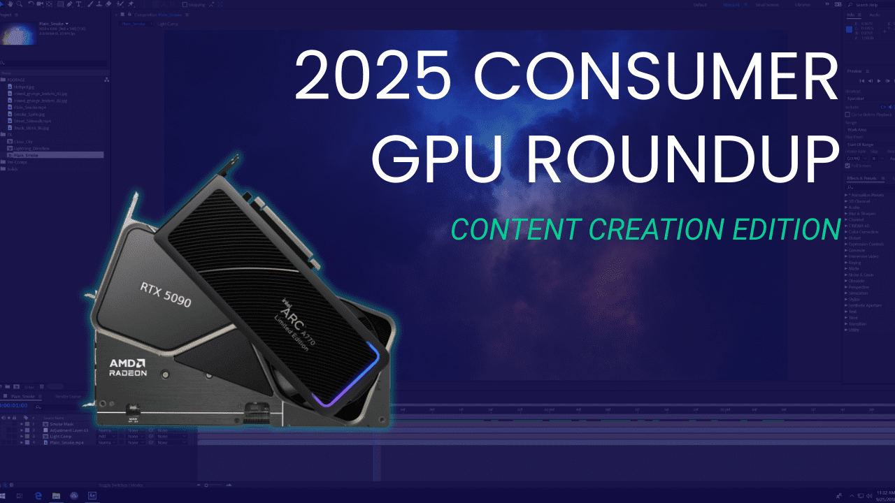 An AMD RX 9070 XT, NVIDIA RTX 5090, and Intel Arc A770 fanned out on a blue background. In the top-right corner there is the article title in white and green font.