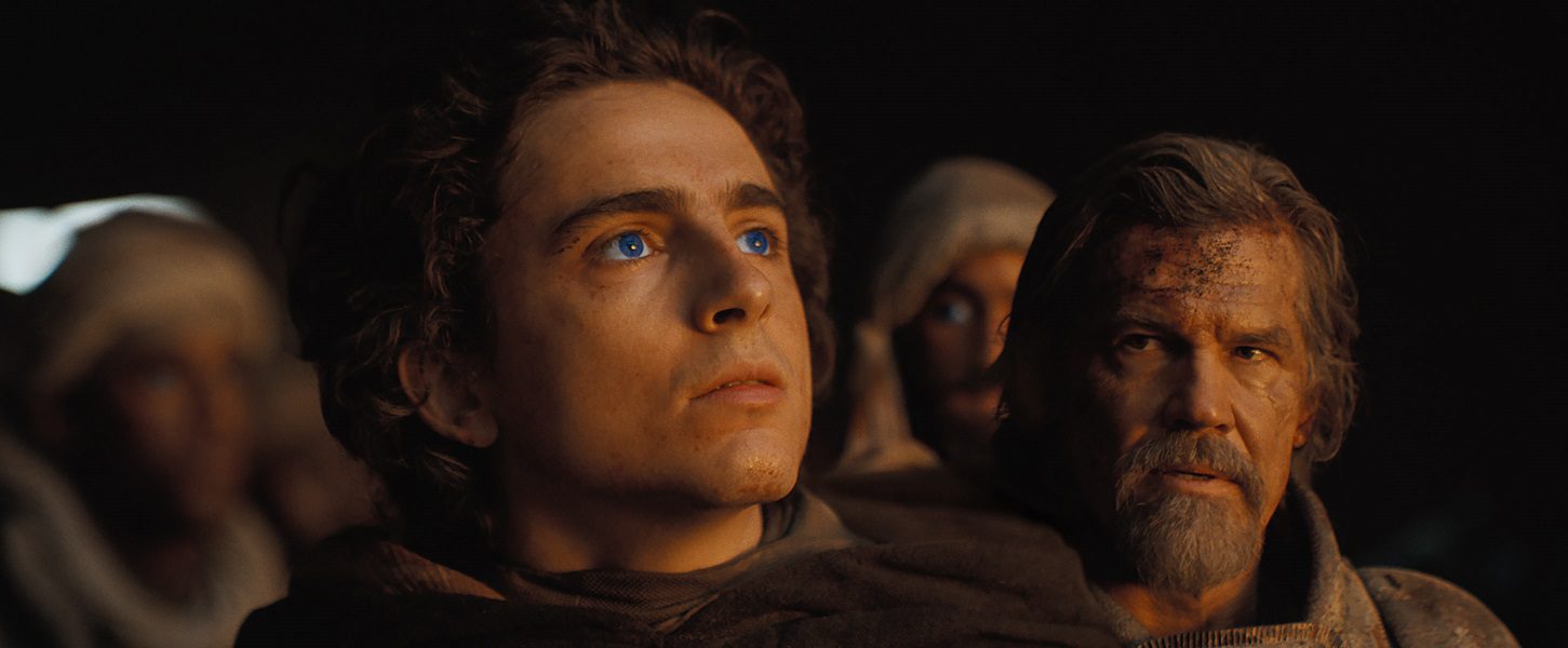 Frame from Dune: Part Two showing Paul Atreides with blue eyes