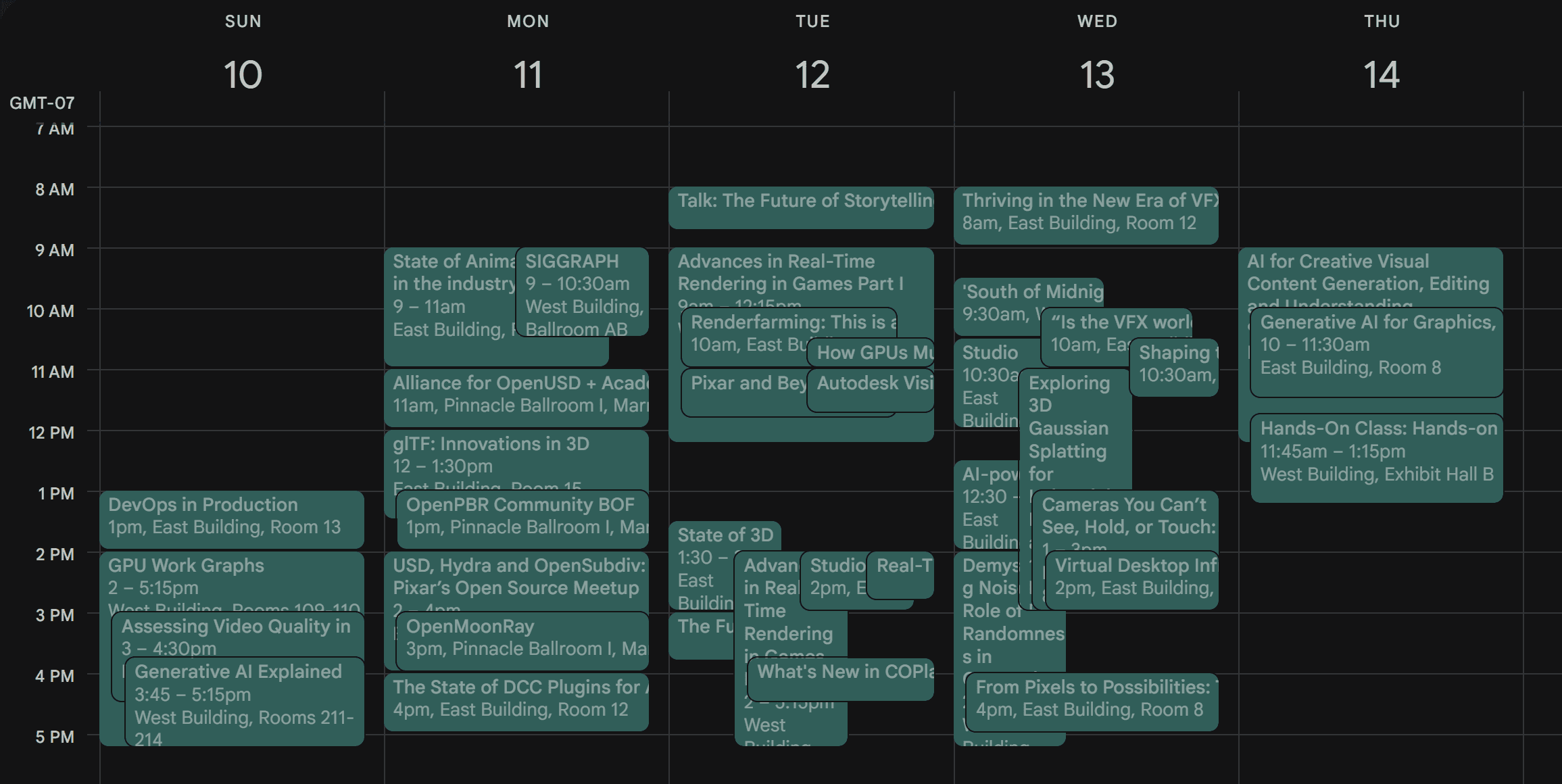 my preliminary schedule for Siggraph 2025 showing far too many overlapping sessions