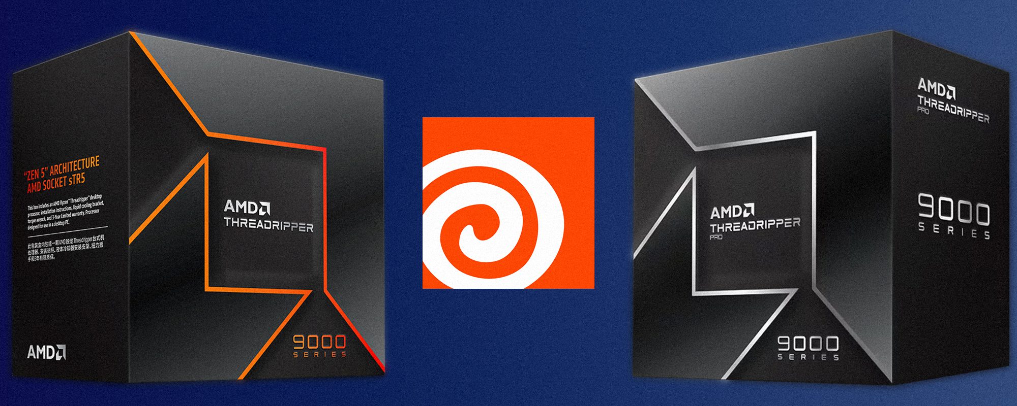 Image showing Threadripper 9000 on the left and Threadripper PRO 9000 WX on the right with Houdini